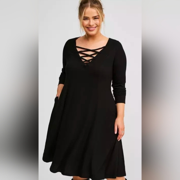 Torrid Mini Waffle Long Sleeve Lace Up Front Neck fit and flare 1 - Picture 1 of 13